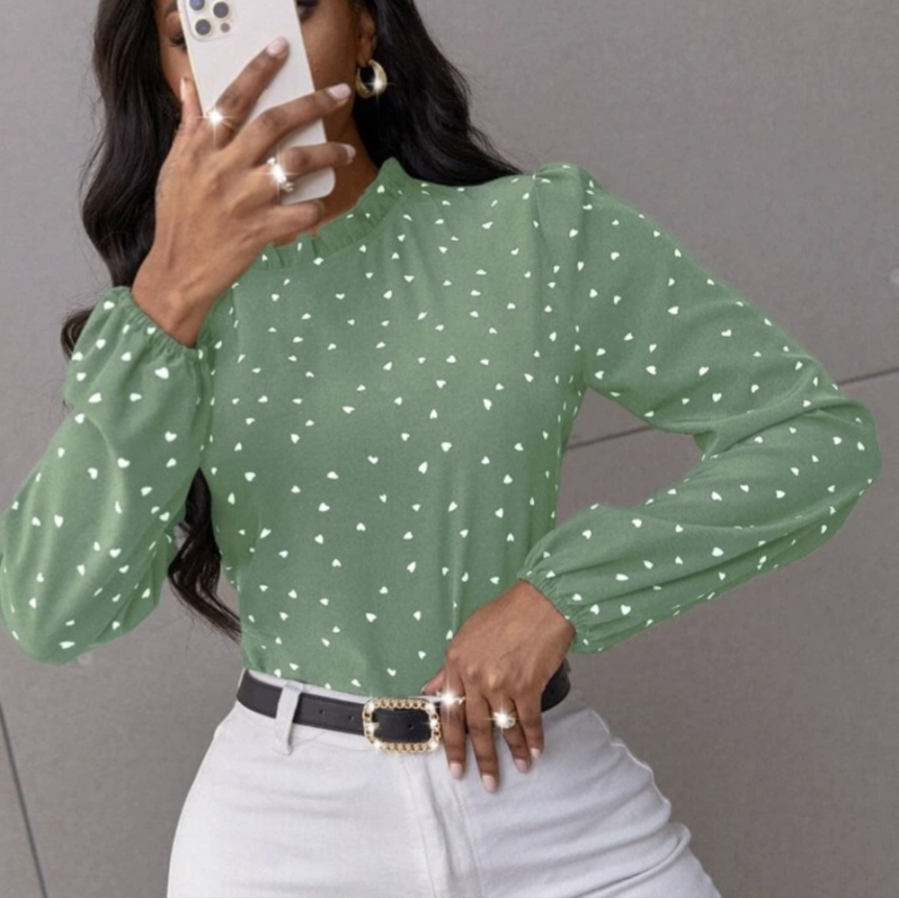 New Confetti Heart Print Bishop Sleeve Frilled Neck Blouse